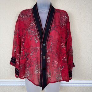 Vintage Chicos Women Kimono Size 1 Small Black Red Silk Mixed Media Artsy